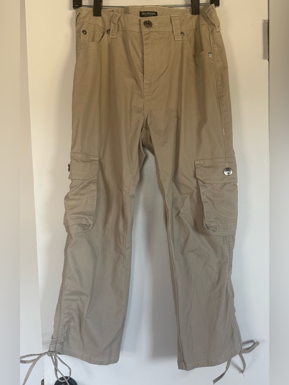 LAST CHANCE! TR Khaki Cargo Capri, Side pockets and drawstring cinching at hem
